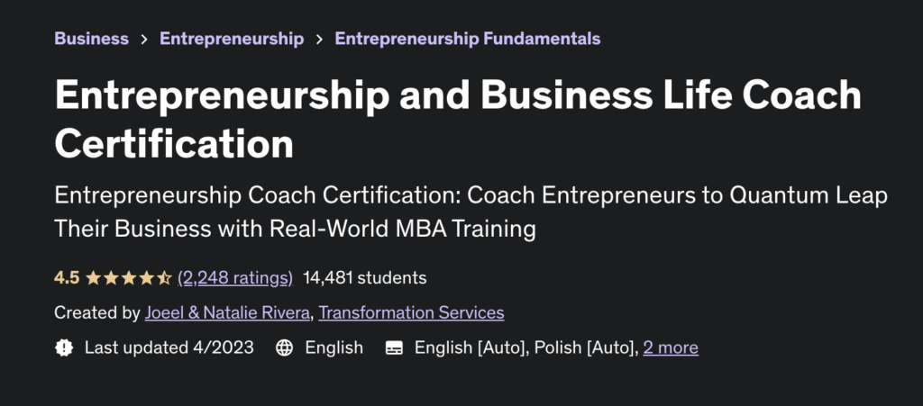  Entrepreneurship and Business Life Coach Certification