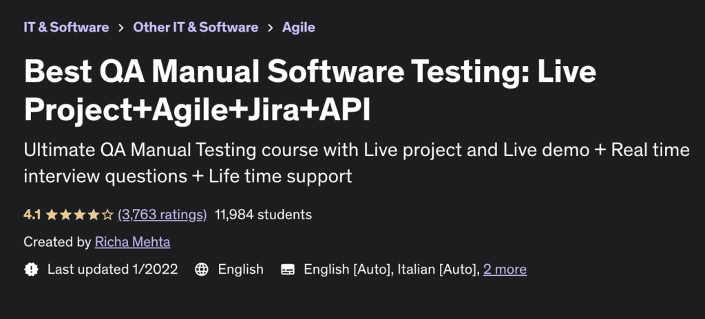 Best Courses for Project Managers: Best QA Manual Software Testing: Live Project+Agile+Jira+API